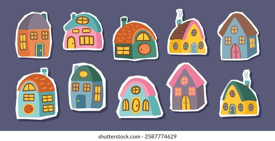 Set of cute colorful hand drawn houses stickers isolated. Vector flat style cliparts.