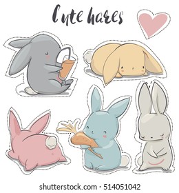 set with cute colorful hares