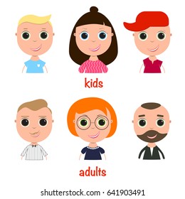 Set of cute and colorful head icon collection isolated on white background. Kids and adults. Vector illustration