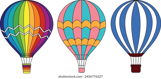 Set of cute colorful hot air balloons cartoon vector illustration. Summer icons 