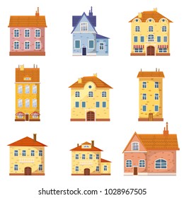 Set of of cute colorful houses vector illustration.Vector cartoon buildings illustration