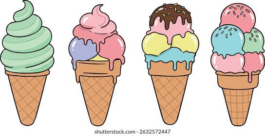 A set of cute and colorful ice cream cones in flat cartoon style. Includes soft serve and scooped cones with sprinkles and drips. Perfect for summer designs, stickers, and kids-themed projects.