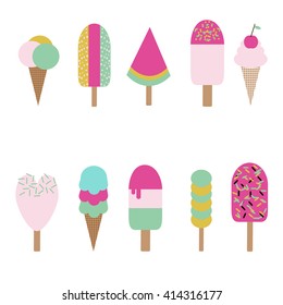 Set of cute colorful ice creams in retro style. Vector illustrations. Isolated on white.