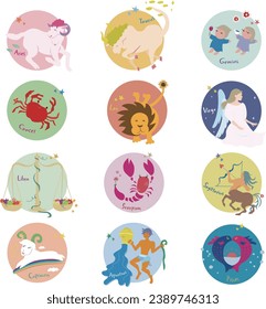 A set of cute and colorful illustrations of the 12 signs of the zodiac.