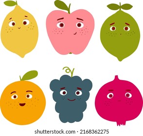 A set of cute colorful illustrations with cartoon summer fruits. Cartoon apple, grape, lemon, lime, orange and pomegranate.