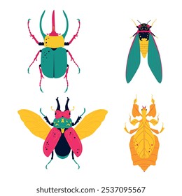 Conjunto de insectos lindos y coloridos. Allotopus rosenbergi, insecto de la hoja, Cicada, escarabajo del rinoceronte. Ilustración vectorial, conjunto de iconos.