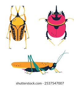 Conjunto de insectos lindos y coloridos. Blackburnium, saltamontes del bosque, Mecynorhina harrisi. Ilustración vectorial, conjunto de iconos.