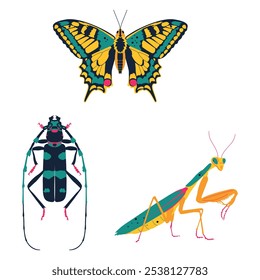 Set süßer, bunter Insekten. Papilio machaon, Rosalia longicorn, Mantis. Vektorgrafik, Symbolsatz.