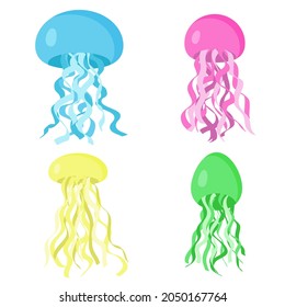 Set of cute colorful jellyfishes, vector illustration. Underwater animal, swimming marine creatures. Cartoon and flat style illustration. Sea and ocean life. 