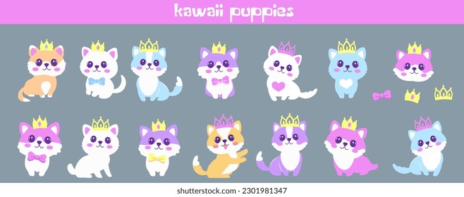 Set cute colorful kawaii kittens wearing crowns on pink background in flat vector style.The image is separated from the background.