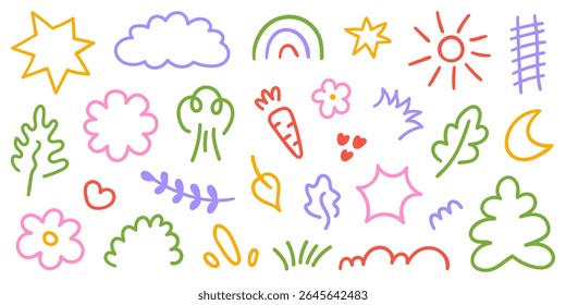 Set of cute colorful kids elements. Hand drawn collection of scribble doodle icon. Vector line illustration