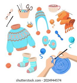 Set of cute colorful knitting symbols. Cartoon vector illustration. knitting hands, woolen hat, seasonal knitwear, winter scarf, sweater isolated in white background. Hobby, handmade, clothing concept