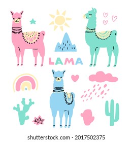 Set of cute colorful lamas with cactus, sun, rainbow, cloud, heart, star isolated on white background. Vector flat illustration. Design for greeting card, stickers, print