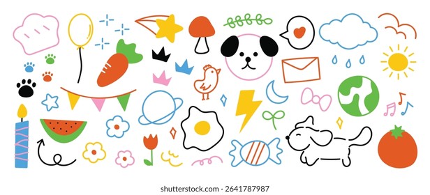 Set of cute colorful line doodle element vector. Hand drawn doodle collection of arrow, speech bubble, crown, flower, scribble, dog, carrot. Design for decoration, sticker, idol poster, kids.
