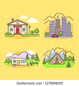 Set of cute colorful line icons of different houses and living conditions on yellow background. Vector