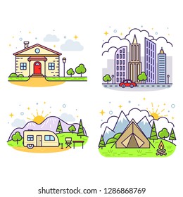 Set of cute colorful line icons of different living conditions, suburban house, metropolis skyscrapers, house on wheels and camp tent. Vector