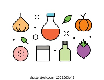 A set of cute, colorful line icons depicting various ingredients for cooking, like garlic, pumpkin, and beetroot.