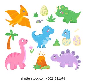 Set von süßen bunten Dinosauriern und prähistorischen Elementen. Palmenbaum, Vulkan, Dinoeier. Die lustigen Cartoon-Figuren dino ist ideal für Karten, Wallpaper, Poster, Kinderzimmer, Stoff und Textilien