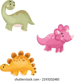 Set of cute colorful little dinosaurs and prehistoric elements. Palm tree, volcano, dino eggs. Funny cartoon characters dino is ideal for cards, wallpapers, poster, children's room, fabric and textile