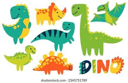 A set of cute colorful little dinosaurs and prehistoric elements. Dino's funny cartoon characters are perfect for postcards, wallpapers, posters, children's room, fabrics and textiles