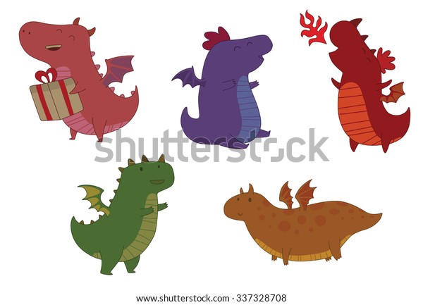 Set Cute Colorful Little Dragons Big Stock Vector (Royalty Free