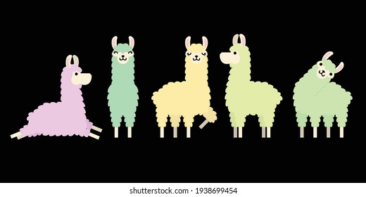 Set of cute colorful llama animal in different postures. Design for card, sticker , fabric textile, t shirt. children, kid modern trendy style. Vector illustration