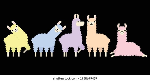 Set of cute colorful llama animal in different postures. Design for card, sticker , fabric textile, t shirt. children, kid modern trendy style. Vector illustration