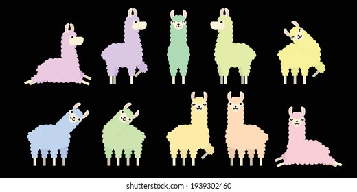 Set of cute colorful llama animal in different postures. Design for card, sticker , fabric textile, t shirt. children, kid modern trendy style. Vector illustration