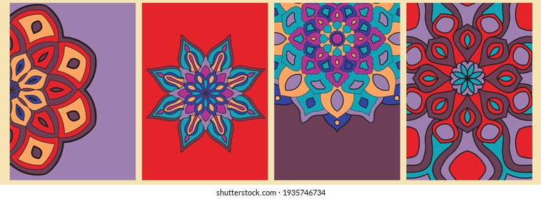 Set of cute colorful mandala backgrounds isolated. Banner, flyer, card with ornamental flowers.