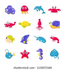 Set of cute colorful marine and ocean animals, fish. Baby undewater creatures collection. For kids book and cartoon. Flat illustration isolated on white background.