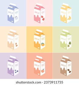 Set of cute and colorful milk box-strawberry,banana,almond,orange,avocado,berry,peach,chocolate,cow. Collection of different flavored milk cartons. Vector illustration cartoon style.
