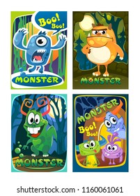 
Set of cute colorful monster cards for Halloween or kid's party. Cartoon monsters posters for party invitation, copybooks, prints etc.