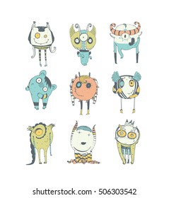 Set of cute colorful monsters, hand drawn in doodle style, isolated on white background. Lovely characters collection. Vector illustration, good for kids illustration and childish design.