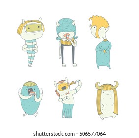Set of cute colorful monsters, hand drawn in doodle style, isolated on white background. Lovely characters collection eating ice-cream, pizza, brownie. Vector illustration, good for kids illustration
