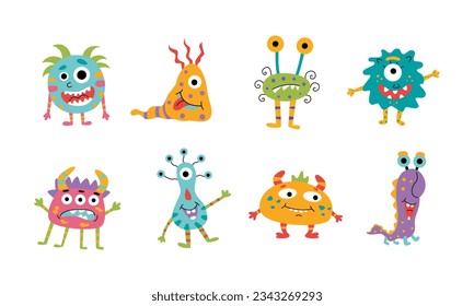 Set of cute colorful monsters isolated on white background. Microbes. For children's design. Vector stock illustration in flat style.