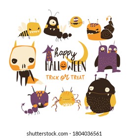 Set of cute colorful monsters on white background