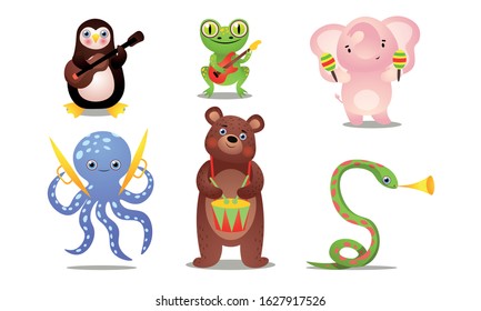 Set of cute colorful musician animals with different instruments. Vector illustration in flat cartoon style.