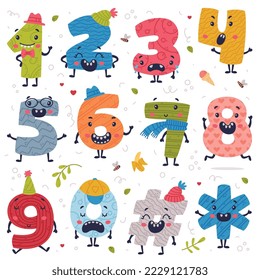 Set of cute colorful number characters with funny faces set. Comic childish bright colorful numerals, math symbols cartoon vector illustration