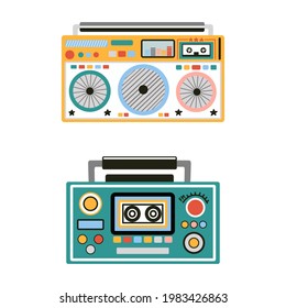 Set of cute and colorful old school tape recorders doodles. Vintage boombox icons. Hand drawn illustration. 90s vibes and retro look.