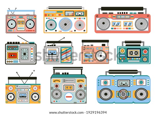 Set of cute and\
colorful old school tape recorders doodles. Vintage boombox icons.\
Hand drawn illustration.