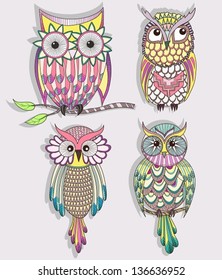 Set of cute colorful owls