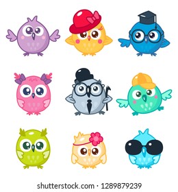 Set of cute colorful owls with different glasses and hats. Cartoon bird emojis and stickers. Vector illustration. Kawaii style.