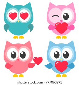 set of cute colorful owls with hearts