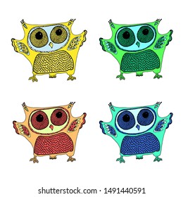 set of cute colorful owls isolated on white background