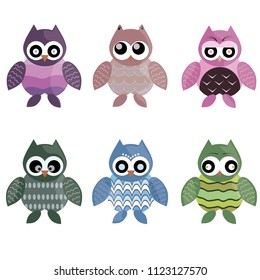 Set of cute colorful owls vector illustration isolated on white background.