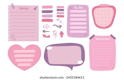Set of cute colorful paper notes. Notes for to-do-list, memo notepads, paper planner. Stickers and bookmarks for marking and decoration. Vector illustration