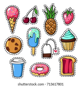 Set of cute colorful patch badges and pins with food, fun cartoon icons in pop art style. Vector hand drawn collection of stickers and pins with meal