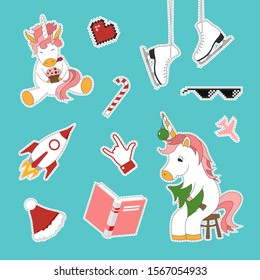 Set of cute colorful patch isolated on blue background. Vector modern stickers, pins and badges. Cartoon sticky winter and summer collection.