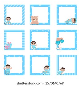 Set of cute colorful photo frame with little baby boy. Vector design templates for greeting gift cards, flyers, posters etc.