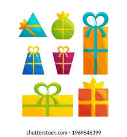 Set of cute colorful present boxes with ribbons and bows. Isolated objects in the white background. Flat style illustration.